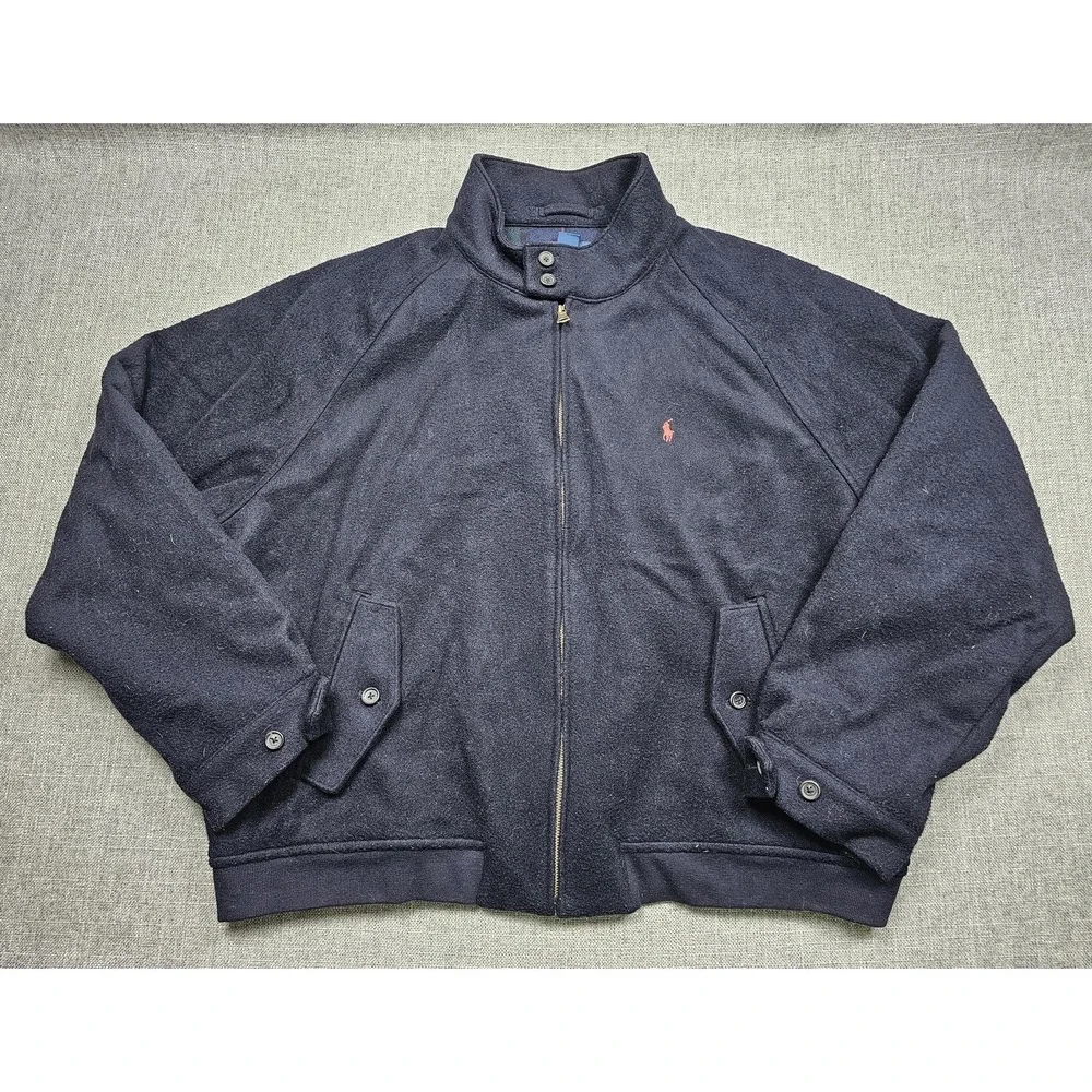 VINTAGE Polo Ralph Lauren Jacket Mens 2XL Blue Wool Bomber Plaid Lined Full Zip